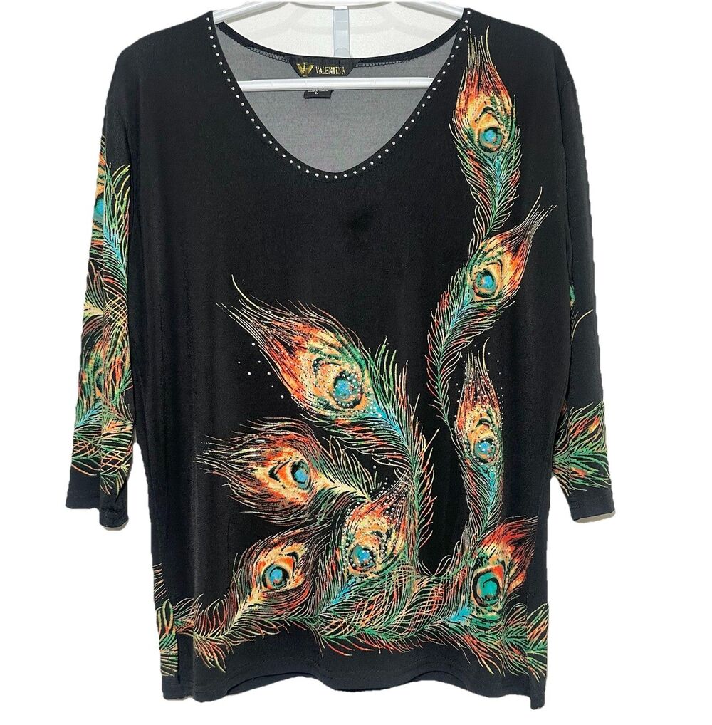 Peacock Feather Rhinestone Top Black Boho 3/4 Sleeve Size Large Art to Wear